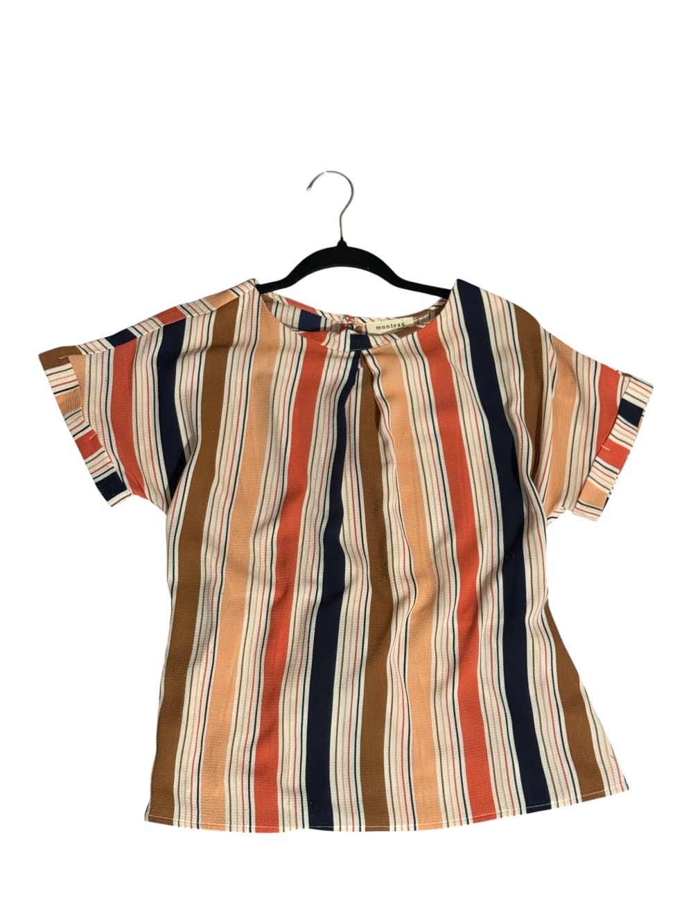 Monteau Multi-Stripe Short Sleeve Blouse - Rust, Navy, Tan, Cream